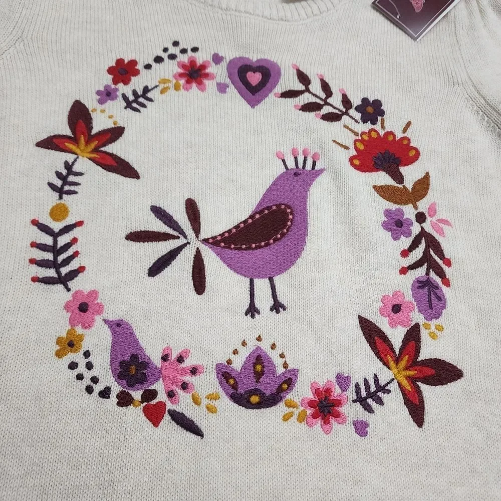 Gymboree Girls Purple Birds & Flowers Embroidery Wreath Knit Sweater Size 7 NEW